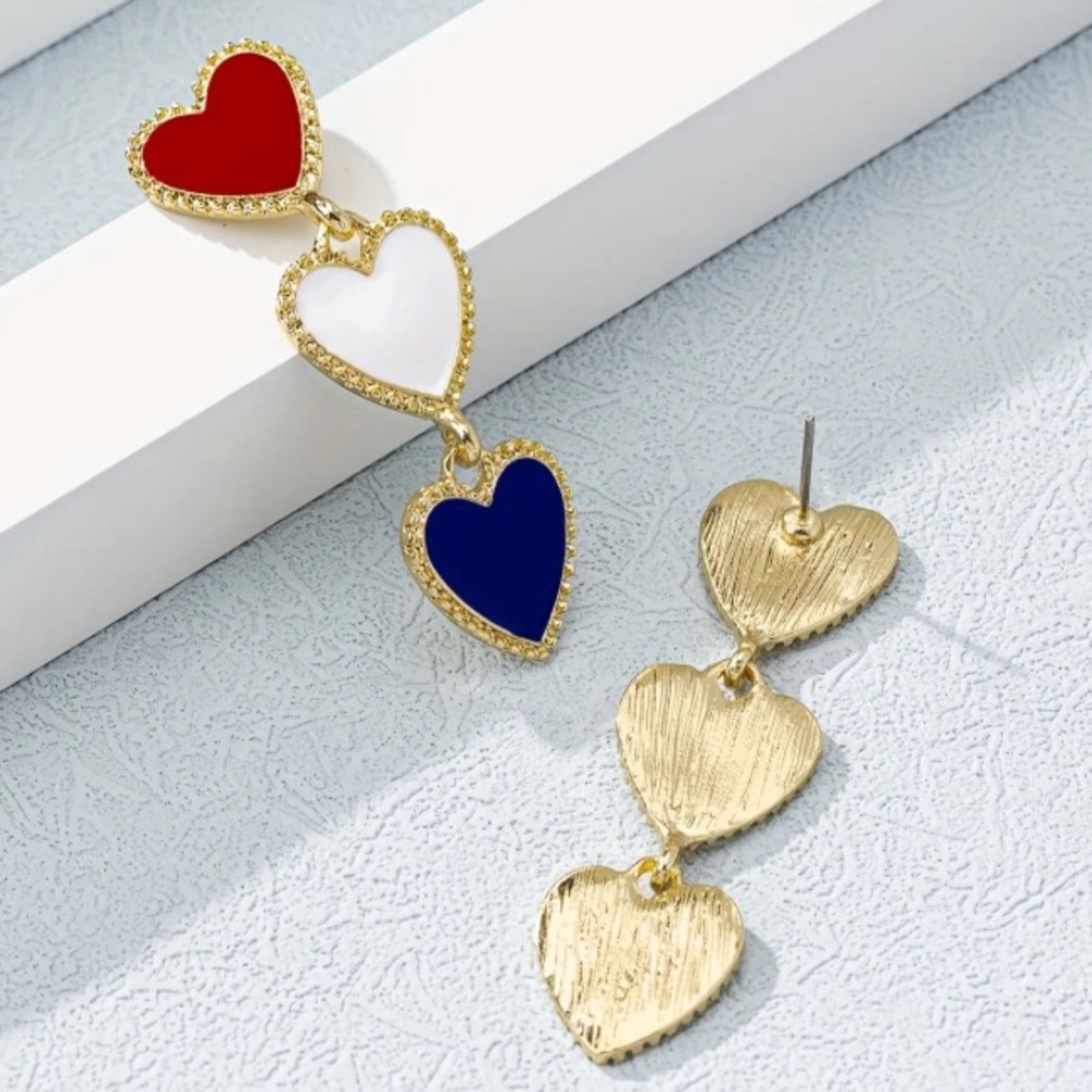 Red White & Blue Heart Patriotic Gold Toned Stud Earrings - Picture 3 of 4